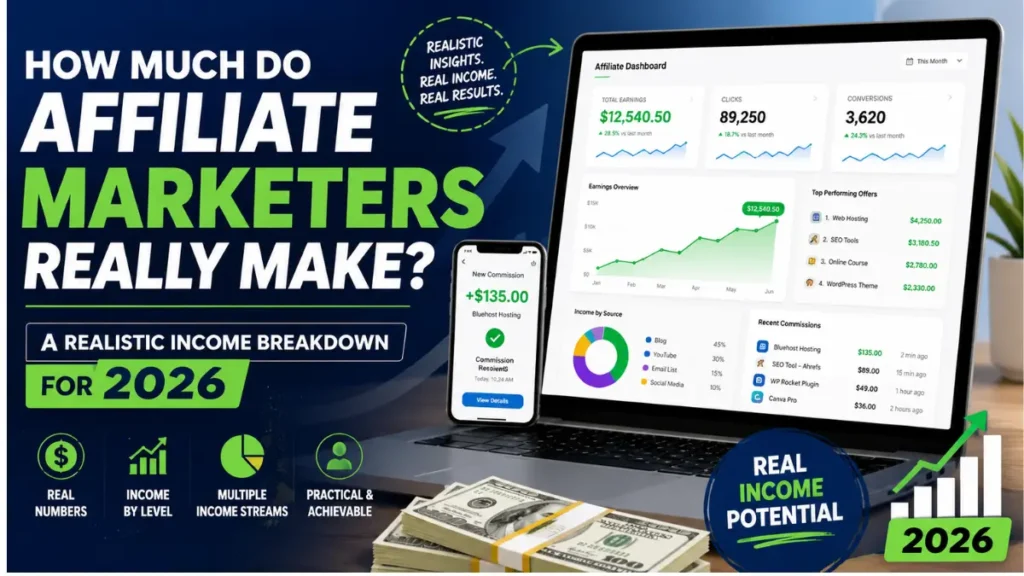 How much do affiliate marketers really make in 2026? A realistic income breakdown by experience, niche, and traffic source — no hype, just data.